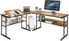 An L-shaped desk with a laptop, monitor, computer tower, and books. Produktbild-Vorschau