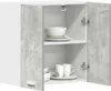 An open kitchen wall cabinet with dishes and cups on shelves. Anteprima dell’immagine prodotto