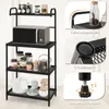 A black metal kitchen shelf unit with a microwave and various jars and containers on its shelves. The image also includes close-up shots highlighting product features. Anteprima dell’immagine prodotto