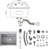 A diagram of a kitchen sink with plumbing and a separate image of a kitchen sink and its accessories. Produktbild-Vorschau