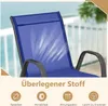 Close-up of a blue outdoor chair with text and icons highlighting its features. Náhľad obrázku produktu