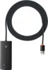 A black USB hub with a coiled black cable and a USB-A connector. Voir les images du produit