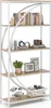 A white bookshelf with wooden shelves and white metal frame, decorated with books and ornaments. Podgląd zdjęcia produktu