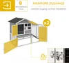 A diagram of a wooden rabbit hutch with multiple doors and a ramp, highlighting its features. Produktbild-Vorschau