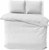 A top-down view of a neatly made bed with white and gray striped bedding. Produktbild-Vorschau