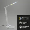 A silver LED desk lamp with adjustable features, shown against a plain gray background. A black box on the right highlights product features with icons and text. Produktbild-Vorschau