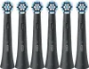 Six black electric toothbrush heads with blue and white bristles are arranged in a row against a white background. Produktbild-Vorschau