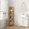 A bathroom corner with a wooden shelf unit, a vanity cabinet, and a sink. Produktbild-Vorschau