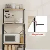 A kitchen shelf unit with various items on it, including a microwave and coffee maker. An inset shows a detail of an anti-tip bracket. Produktbild-Vorschau