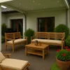 An outdoor patio set with a bench, chair, and coffee table, featuring cushions and potted plants. Produktbild-Vorschau