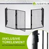 A black metal pet gate with multiple panels and a door, set against a light gray and white background with a wavy pattern at the top. Náhled obrázku produktu