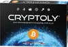 The image shows the front of a board game box with a dark, starry background and a depiction of the Earth with a network overlay. The game's title and various icons related to cryptocurrency are prominently displayed. Produktbild-Vorschau