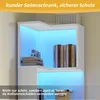 A white corner bookshelf with blue LED lighting, displaying books and decorative items. Voir les images du produit