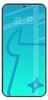 A smartphone screen displaying a digital clock and date, with a stylized blue graphic overlay. Produktbild-Vorschau