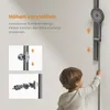 A child is interacting with a shower system mounted on a wall, with inset diagrams illustrating its features. Podgląd zdjęcia produktu