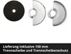 A cutting disc and two protective guards for an angle grinder are displayed against a white background. Text at the bottom indicates the delivery includes a 150 mm cutting disc and protective guard. Produktbild-Vorschau