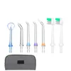 A collection of dental cleaning accessories, including various nozzle tips and toothbrush heads, laid out on a white background next to a gray storage pouch. Voir les images du produit