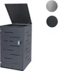 A dark gray metal trash can enclosure with its lid open, shown against a white background. Two circular swatches, one silver and one dark gray, are displayed to the right, likely indicating color options. Podgląd zdjęcia produktu