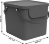 A dark gray storage box with a lid and handle, shown with dimensions indicated by lines and text. Produktbild-Vorschau