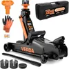 A black and orange hydraulic floor jack with various accessories, including gloves, a carrying case, and a handle, displayed on a white background. Produktbild-Vorschau