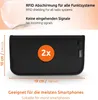 A product image showing a black RFID blocking pouch with dimensions and feature callouts. Produktbild-Vorschau