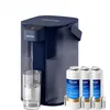 A blue water filter pitcher with a glass of water and three replacement filters. Podgląd zdjęcia produktu