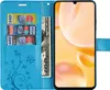 A blue flip case for a smartphone, showing credit cards and a banknote inserted into the case. Produktbild-Vorschau
