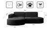 Diagram showing the dimensions and features of a black sectional sofa, with icons representing sparkle, airflow, pet-friendliness, and eco-friendliness. Produktbild-Vorschau
