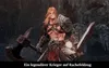 A muscular warrior with long blonde hair and armor stands in a dark, icy cave, holding a large axe and a sword. Text at the bottom reads 'Ein legendärer Krieger auf Rachefeldzug'. Produktbild-Vorschau