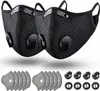 Two black reusable face masks with filters and ear loops are shown, along with several replacement filters and valve components. Produktbild-Vorschau