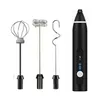 A black electric milk frother with three different attachments, displayed on a white background. Produktbild-Vorschau