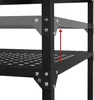 Close-up view of a black metal shelving unit, showing adjustable shelf height. Produktbild-Vorschau
