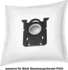 A white vacuum cleaner dust bag with a black plastic adapter. Produktbild-Vorschau