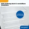 Interior view of a refrigerator with glass shelves and a blue circular overlay highlighting optimal division. Produktbild-Vorschau