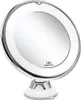 A white and silver magnifying makeup mirror with LED lighting and a suction cup base, displayed against a white background. Produktbild-Vorschau