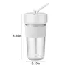 A clear product shot of a white and clear portable smoothie mixer with a straw, with dimensions indicated. Produktbild-Vorschau