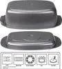 Two views of a gray roasting pan with its lid, shown from different angles, with icons indicating its compatibility with various heat sources and oven temperatures. Anteprima dell’immagine prodotto