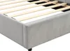 Close-up view of the side and slatted base of a gray upholstered bed frame. Produktbild-Vorschau