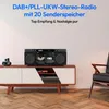 A retro boombox sits on a wooden cabinet, with a chair to the right. Produktbild-Vorschau