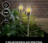 Two solar-powered garden torches with flickering LED flames are placed among lush green plants. Produktbild-Vorschau