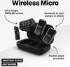 A product shot of a wireless microphone system with descriptive text highlighting its features. Voir les images du produit