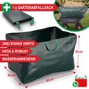 A large green garden waste bag is shown, with dimensions and features highlighted. A smaller image shows the bag folded, and another shows it being used to fill a garden cart. Produktbild-Vorschau