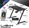A gaming desk with dimensions and features highlighted, along with a remote control. Produktbild-Vorschau