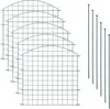 A set of five green metal garden fence elements with arched tops and seven green metal stakes, arranged on a white background. Produktbild-Vorschau