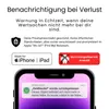 Marketing image showing a notification on a phone screen about a lost item, with compatibility information for iPhone/iPad and Android. Produktbild-Vorschau
