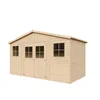A wooden garden shed with double doors and windows, presented on a white background. Voir les images du produit