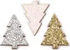 Three glitter-covered wooden Christmas tree decorations in white, silver, and gold. Produktbild-Vorschau