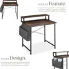 A collage of images showcasing a desk with a shelf and storage bag, along with descriptive text highlighting its features and design. Náhled obrázku produktu