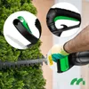 A close-up shot of a person using an electric hedge trimmer on a green bush, with two inset close-up views of the hedge trimmer's handle and safety features. Náhľad obrázku produktu