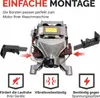 A washing machine motor with carbon brushes shown next to it, with icons and text highlighting features. Produktbild-Vorschau